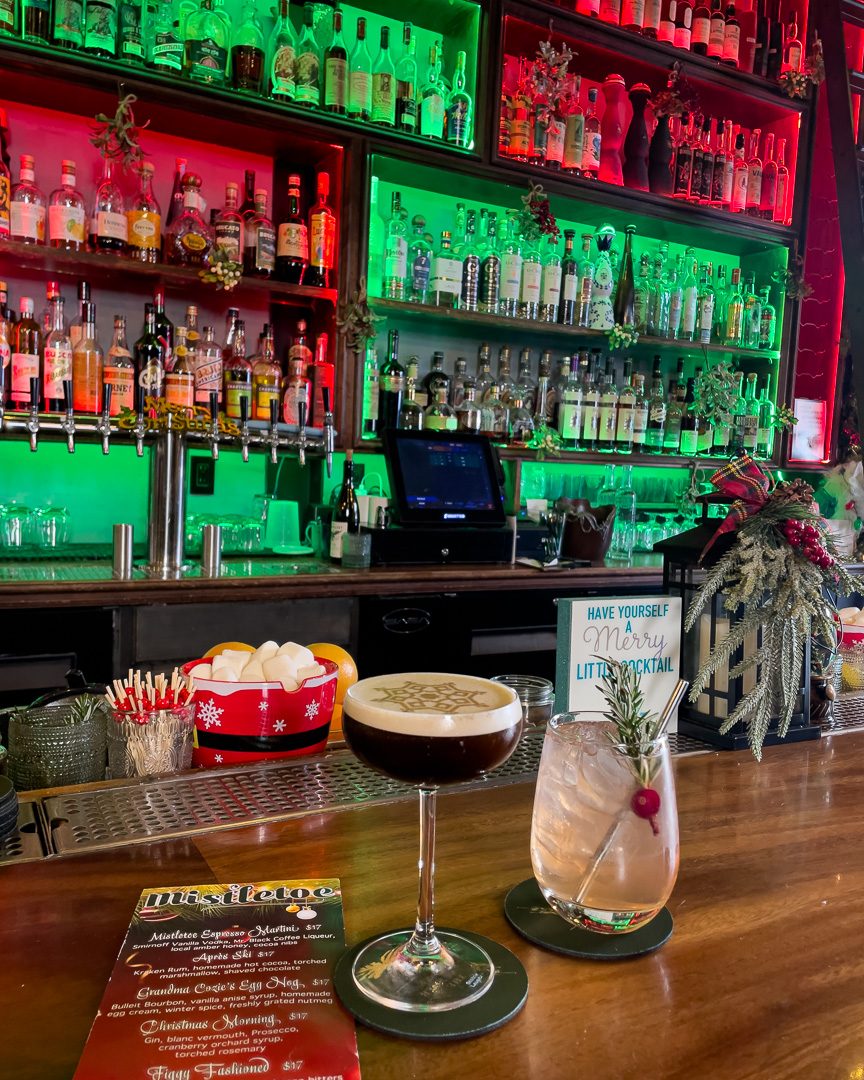 Espresso Martini and spritz cocktails at a holiday bar decorated for Christmas in San Francisco