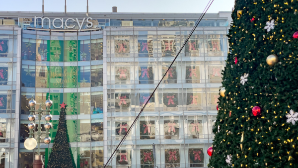 Macy's Decorations and the Christmas Tree in Union Square in San Francisco