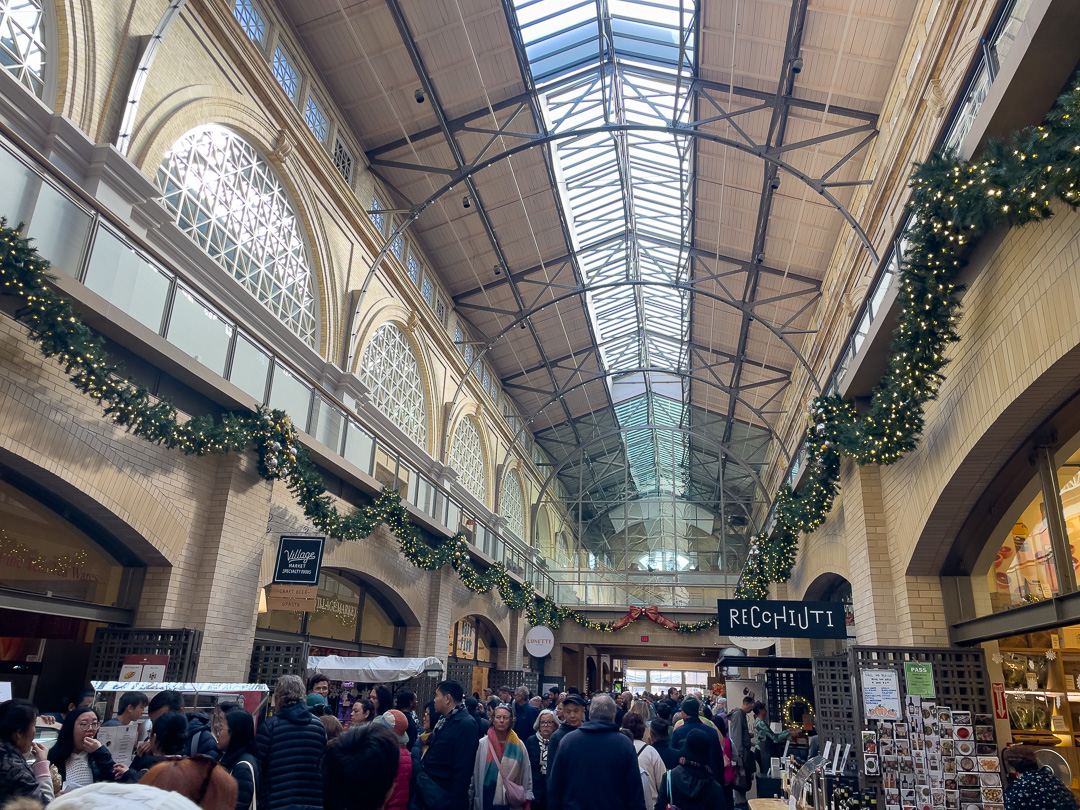 inside the San Francisco Ferry Building Decorated for Christmas