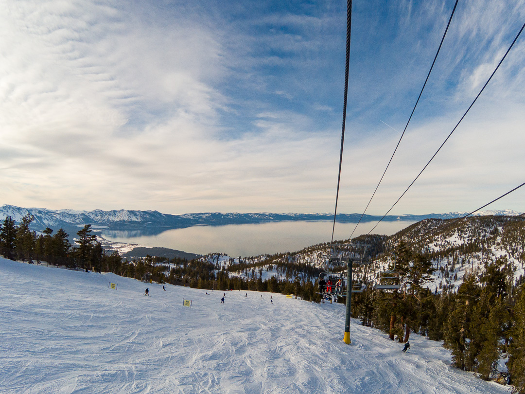 view to lake tahoe from a ski lift at heavenly in winter