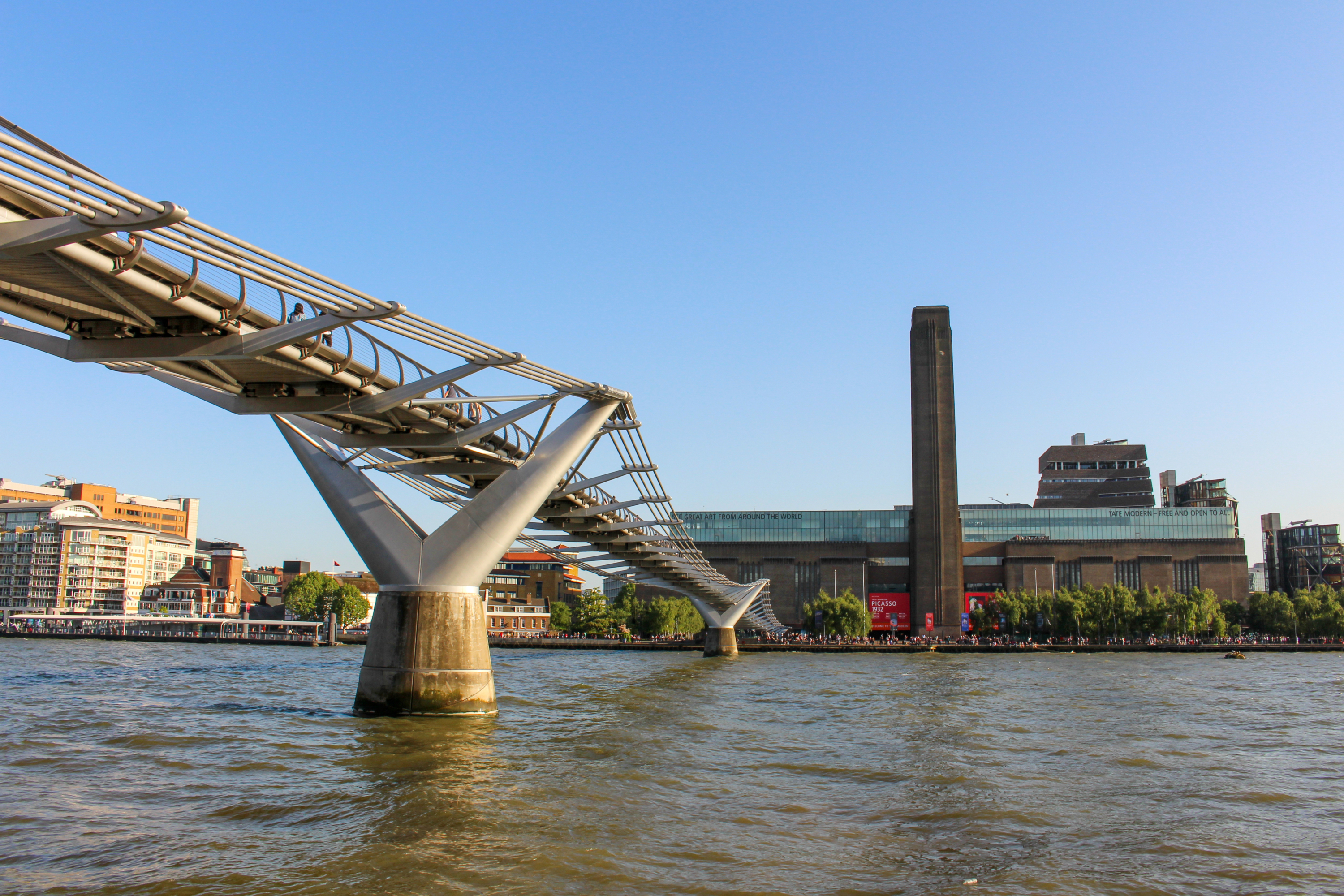 Looking across the River Thames at the Millennium Bridge and the Tate Modern Museum