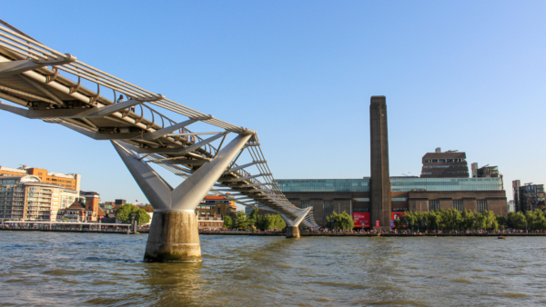 Looking across the River Thames at the Millennium Bridge and the Tate Modern Museum