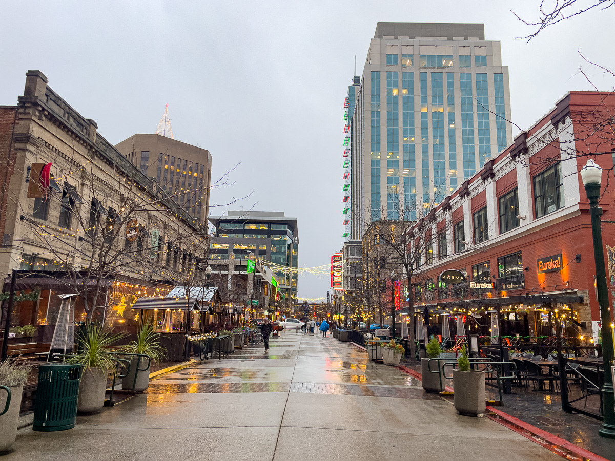8th Street in downtown Boise after the rain, things to do with a dog in Boise, pedestrian street in Boise