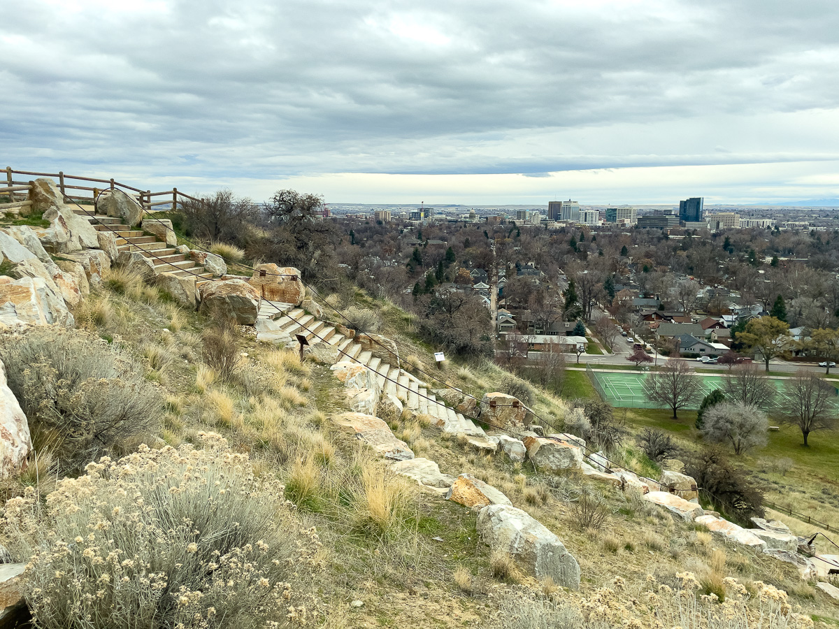 View of Downtown and the stairs at Camel's Back Park in Boise, Idaho, things to do with a dog in Boise