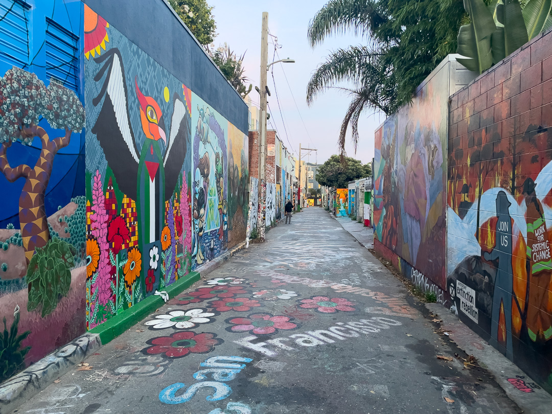 colorful murals on Clarion Alley in the Mission District in San Francisco, walk. this street on the mission burrito walking tour