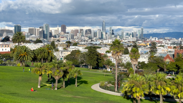 Looking over Dolores Park towards downtown in San Francisco from Church and 20th Street