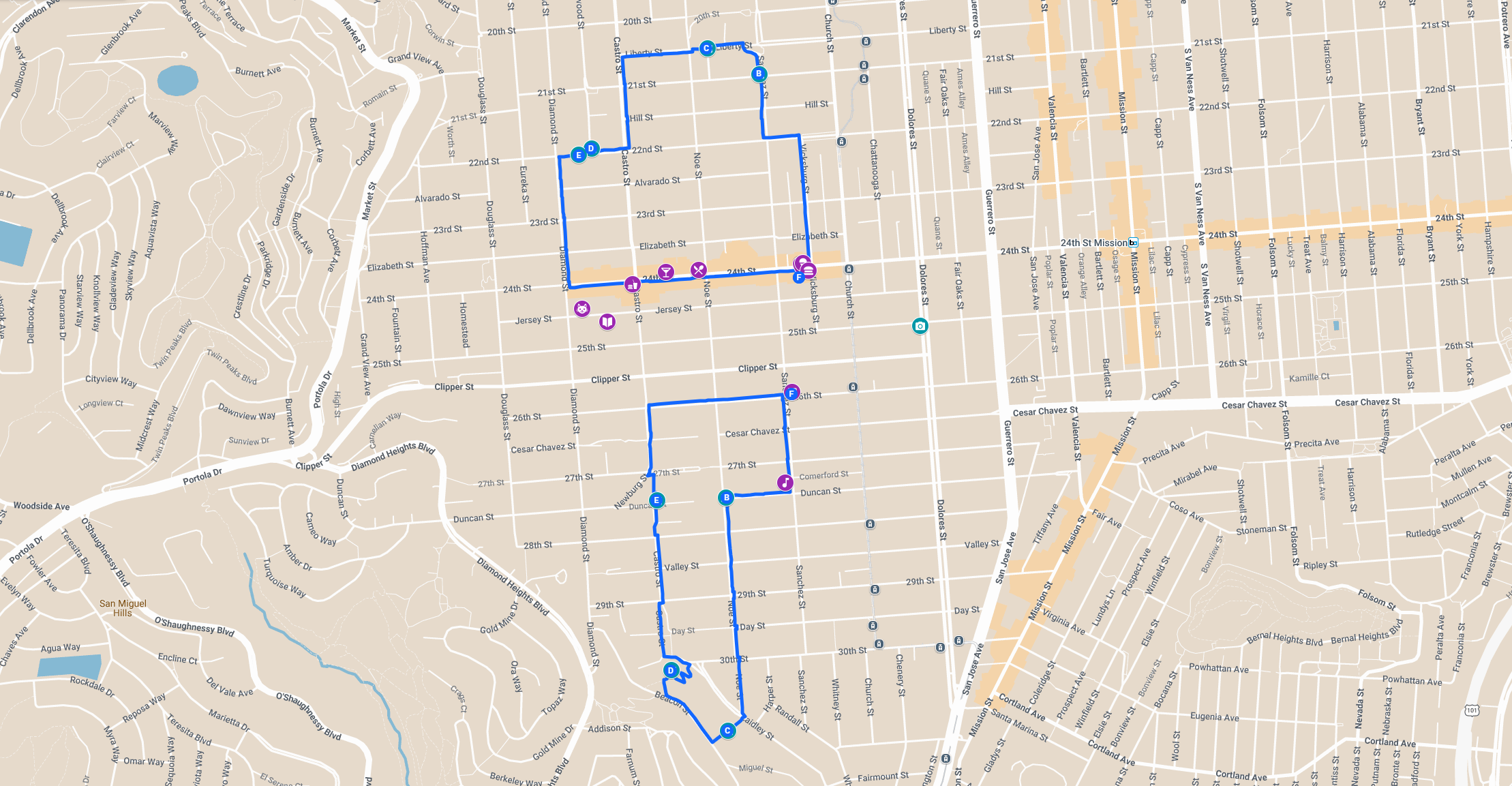 Map route of the best views in Noe Valley, Noe Valley Walking Tour, things to do in Noe Valley