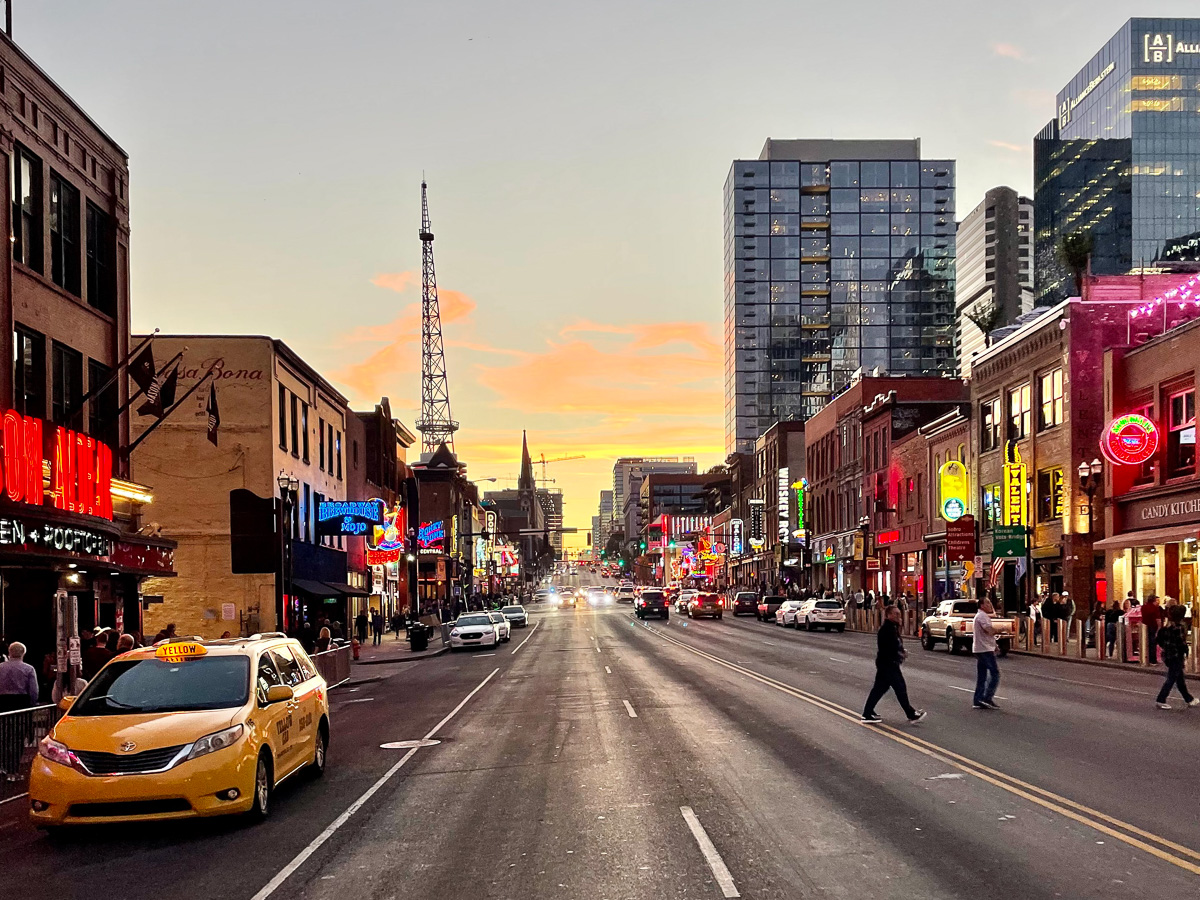 Broadway in Nashville at sunset, destination for a girls trip