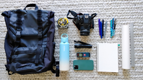 architect site visit tools, what architects bring to a site visit, inside the archtiect's bag