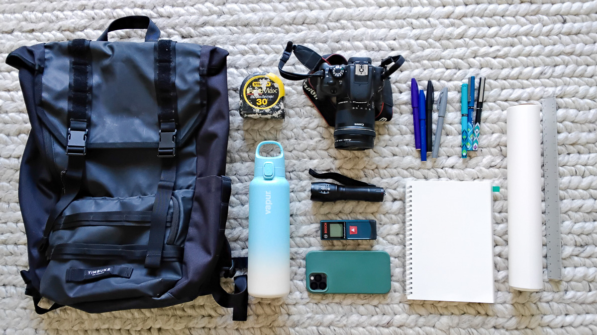 architect site visit tools, what architects bring to a site visit, inside the archtiect's bag