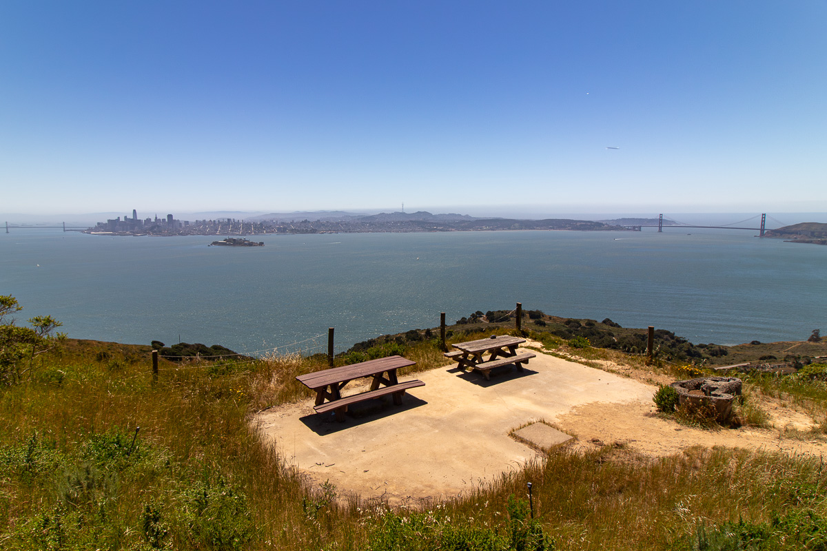 picnic tables at the top of Angel Island, Mt Livermore summit, Angel Island views