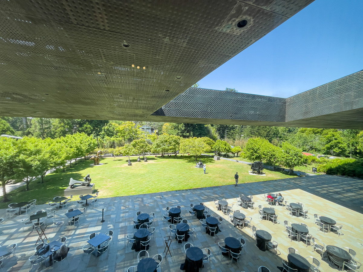 Looking over the sculpture garden and courtyard at the de Young Museum in San Francisco, things to see at the de Young Museum