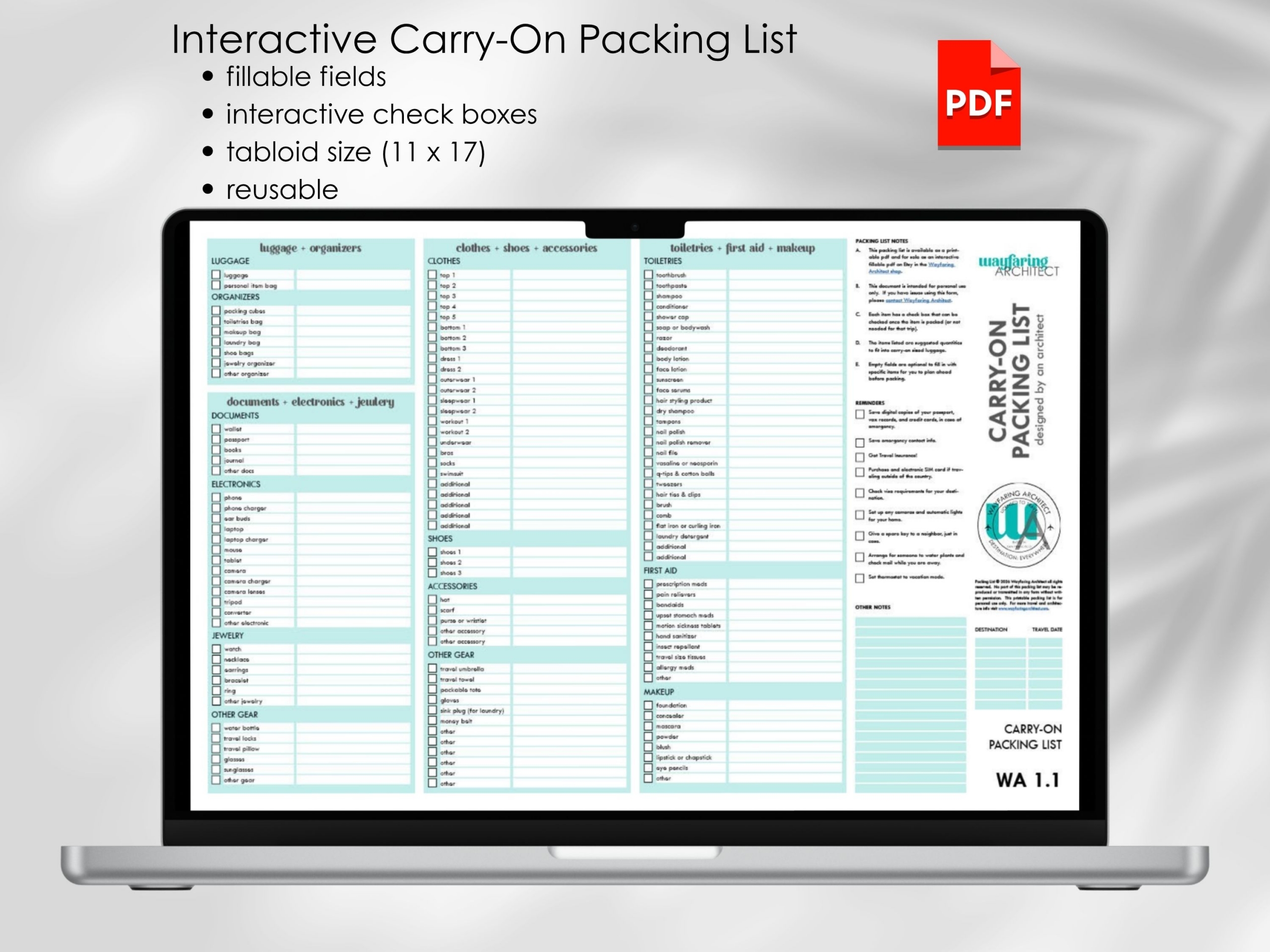 Interactive carry-on only packing list, for sale on Etsy, fillable pdf, carry-on packing