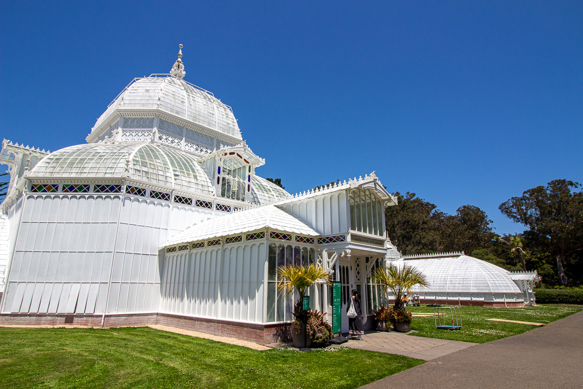 Outside the Conservatory of Flowers in Golden Gate Park, Victorian greenhouse architecture, gardens in Golden Gate Park