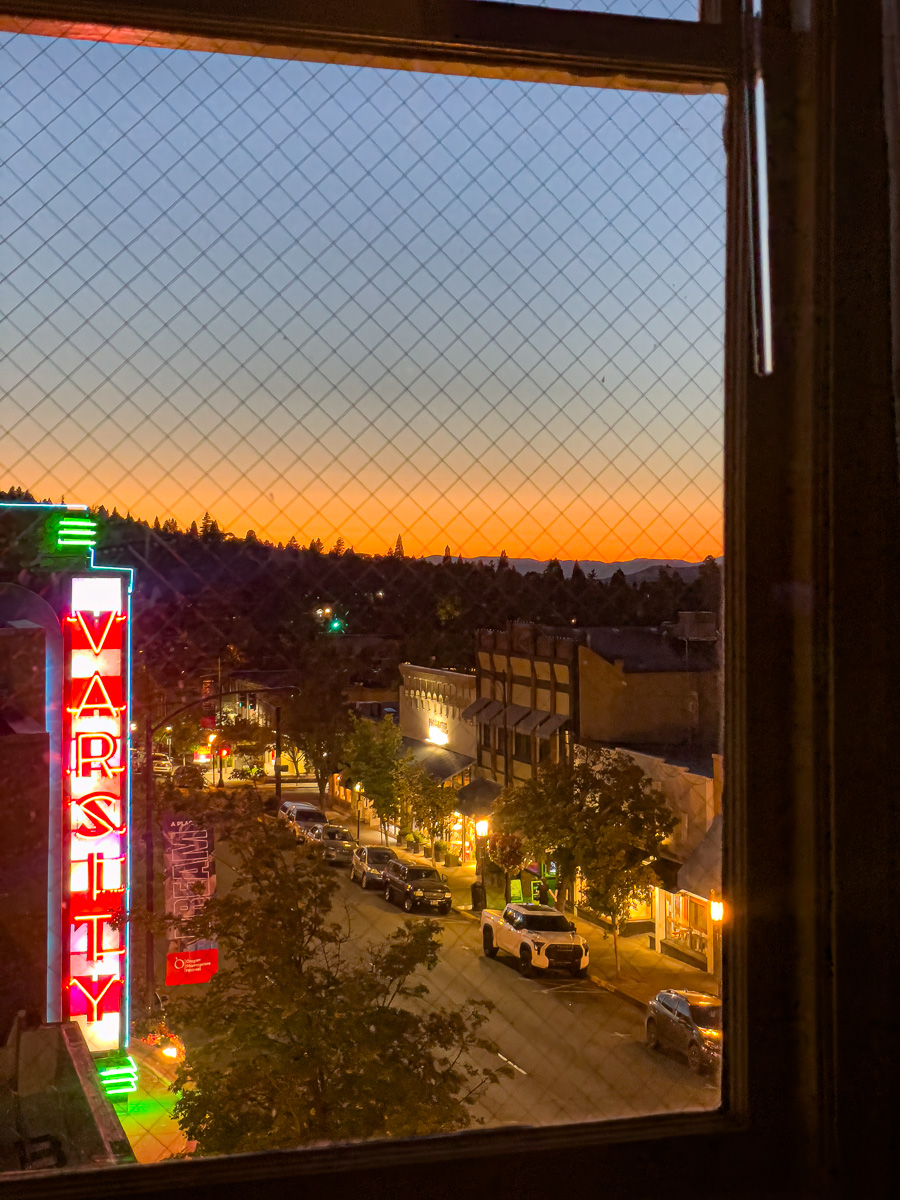 Sunset over Main Street in Ashland from the Ashland Springs Hotel