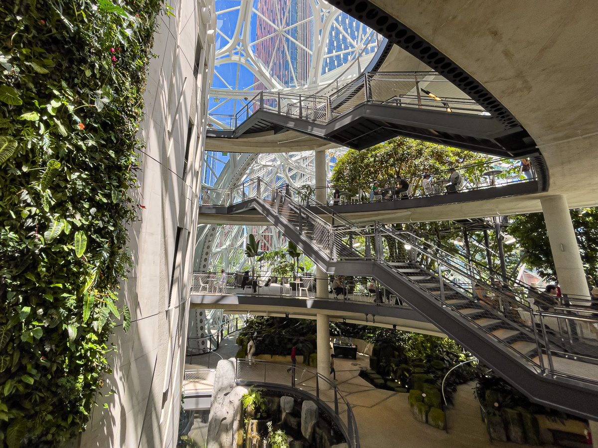 Circulation inside the Spheres, stairs and a green wall, Amazon Spheres interior