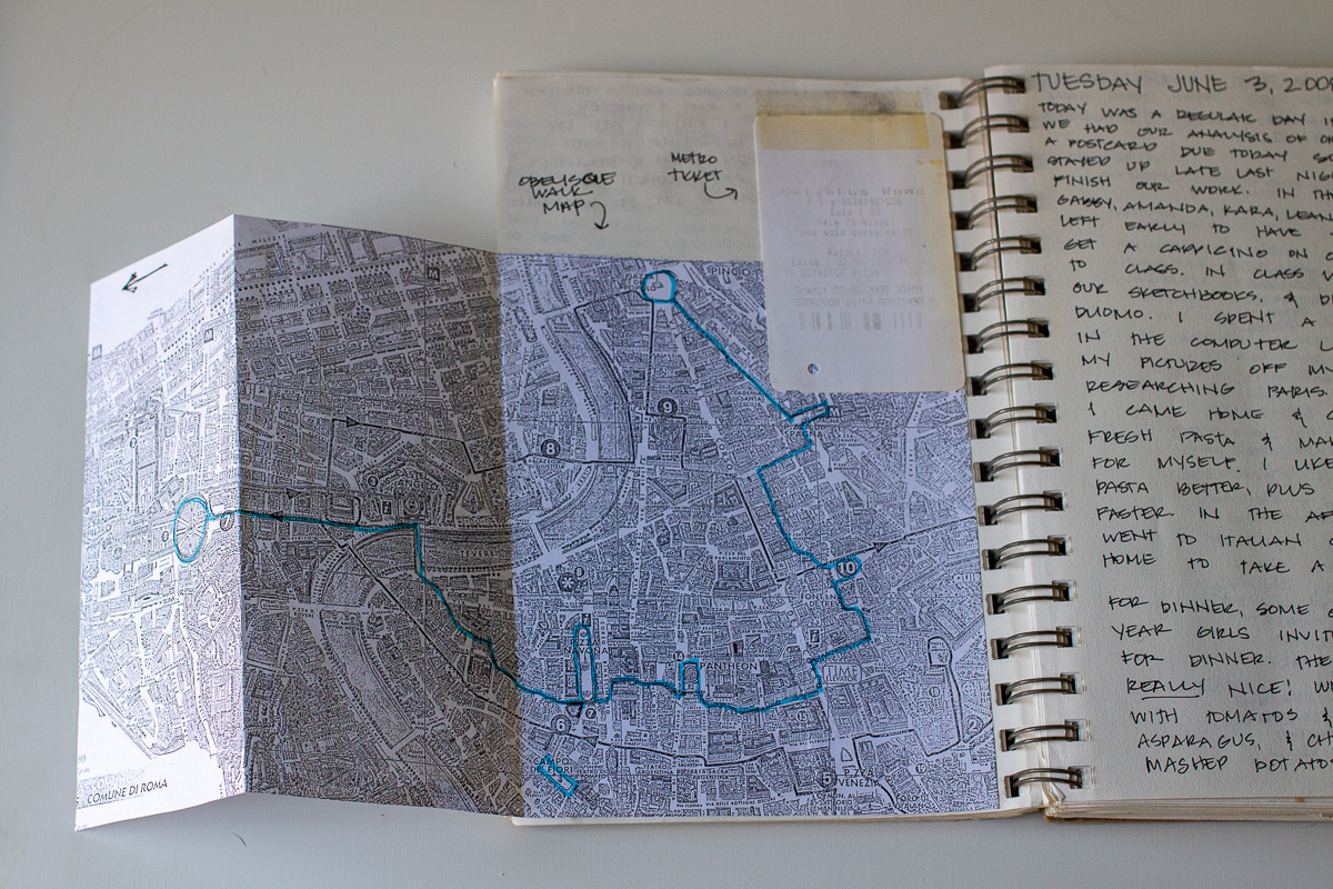 A highlighted obelisk walking route in Rome, travel maps, travel journal ideas