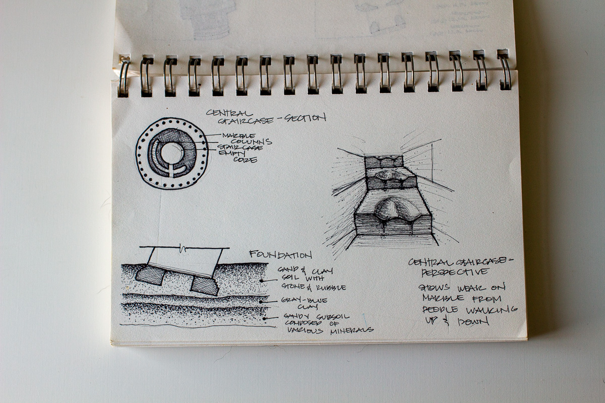 Detail sketches from the Leaning Tower of Pisa, architect travel sketches, travel sketchbook ideas