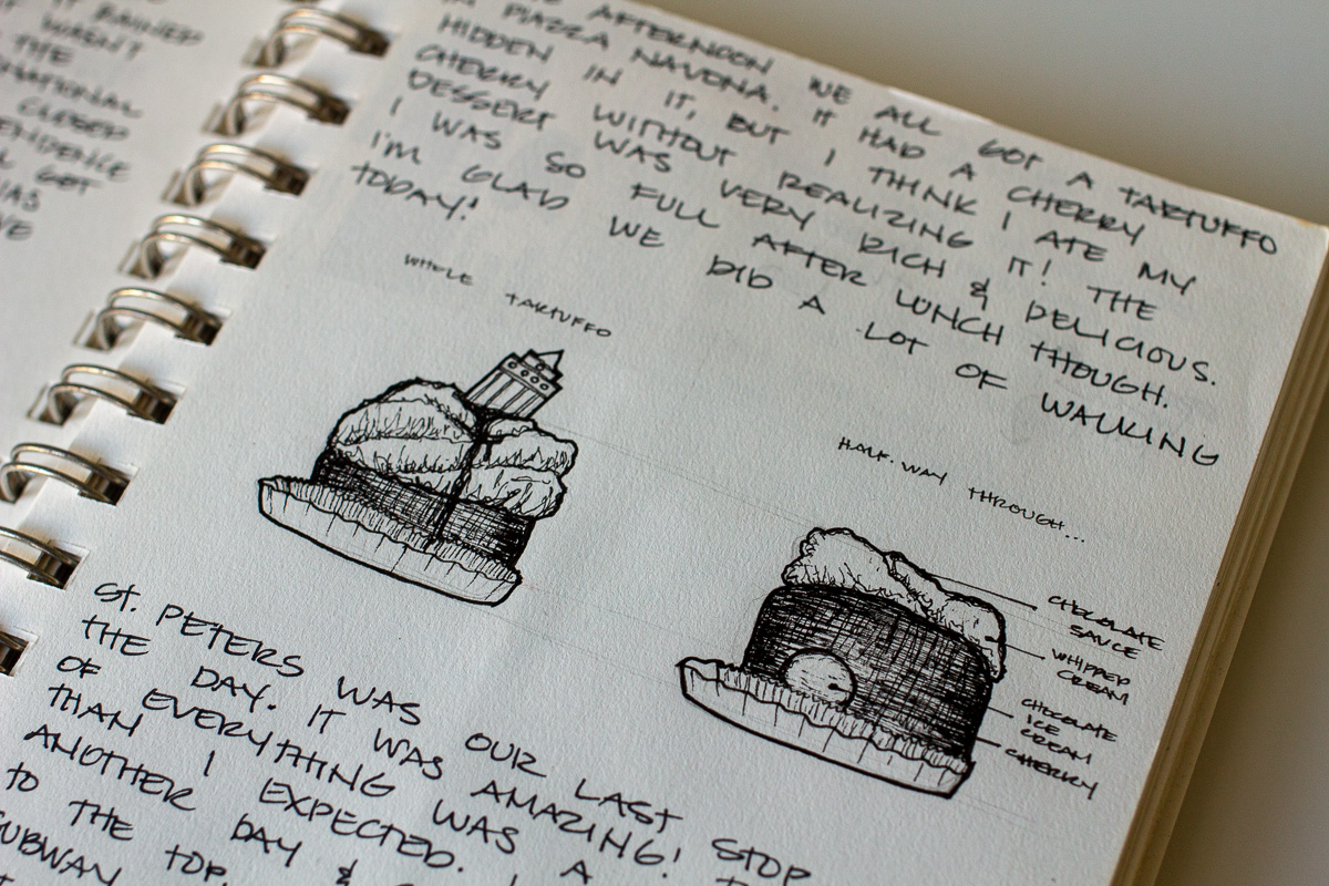 Sketch of a tartufo in Piazza Navona, architect travel sketch, travel journal ideas