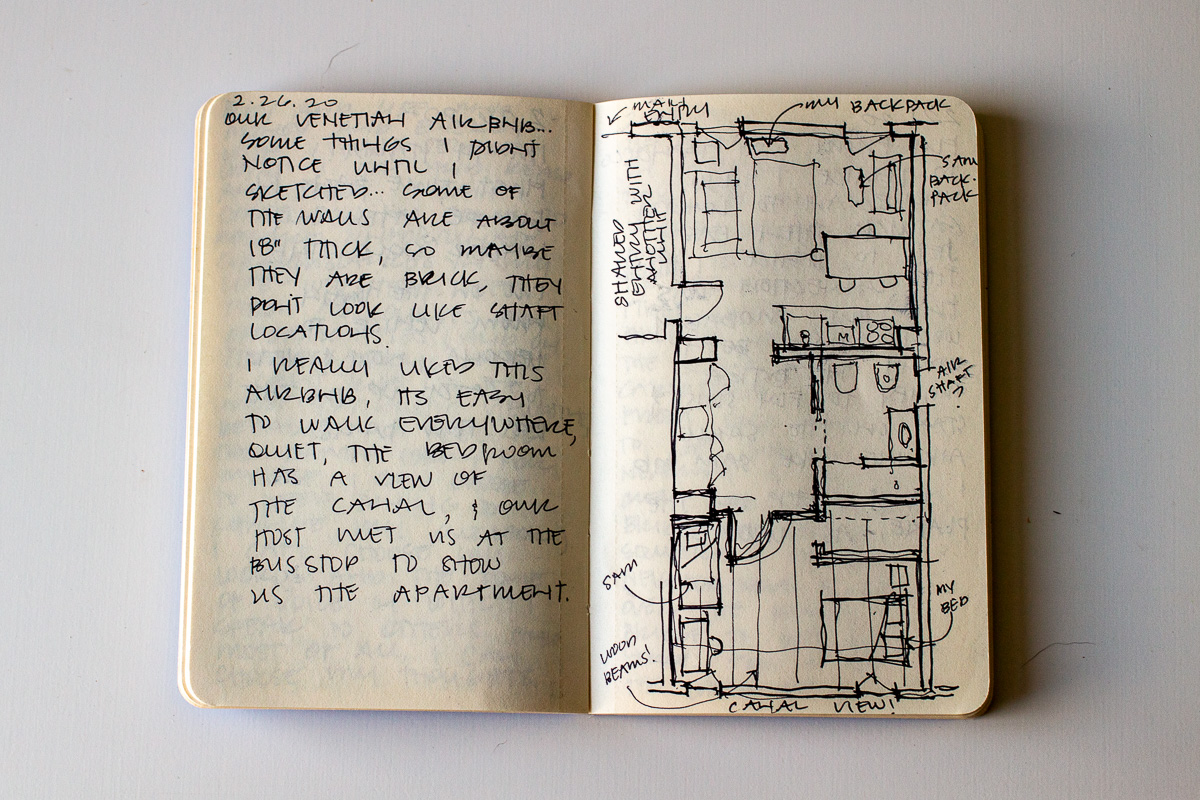 Floor plan sketch from a trip to Venice in 2020, architect travel sketchbook